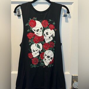 Black Muscle Tee with Skull and Rose Design